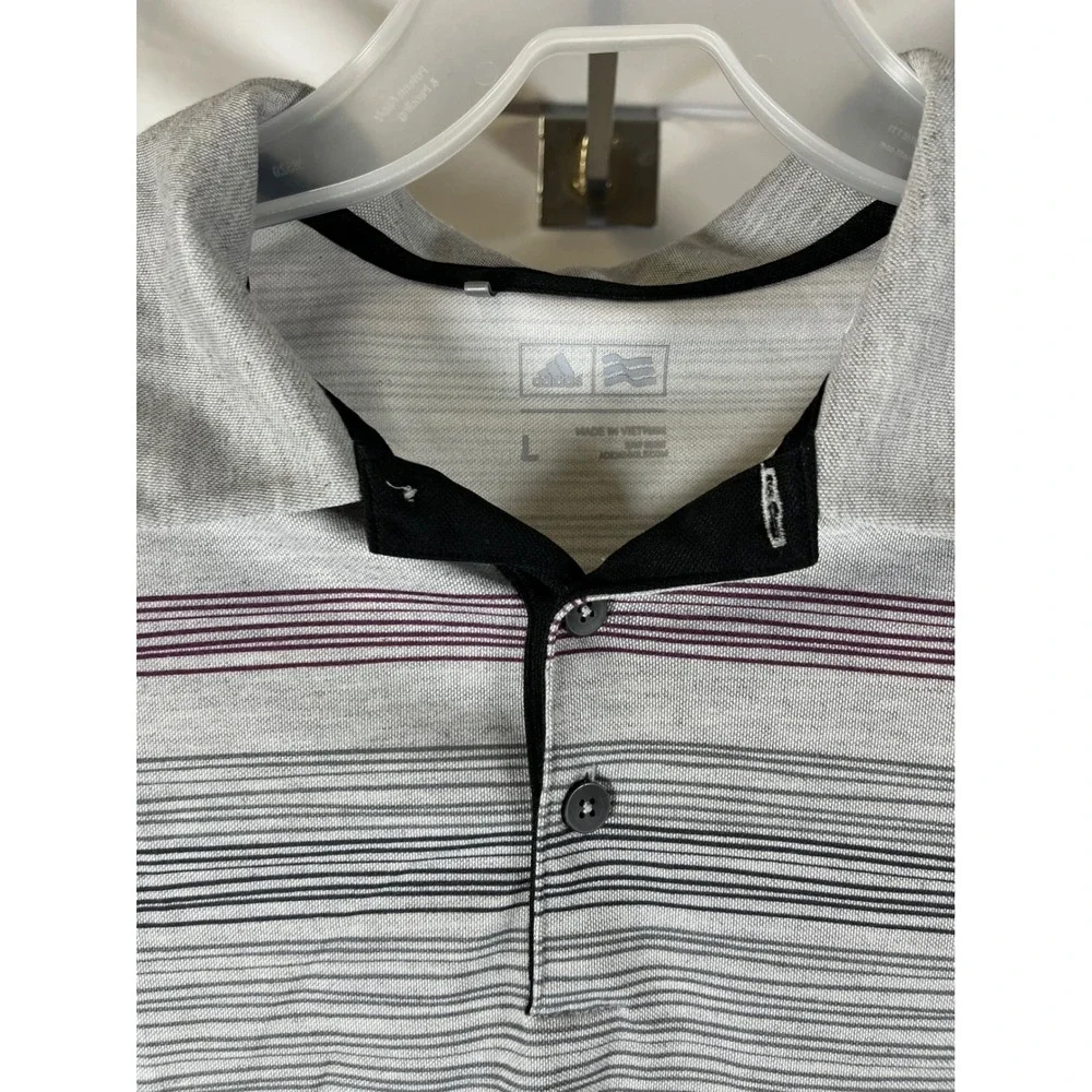 Adidas Golf Mens Large Gray Burgundy Striped Short Sleeve Performance Polo Shirt